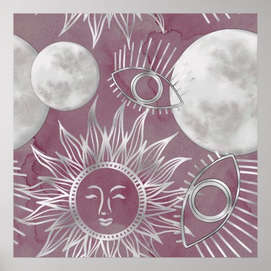 Solar Mystique | Roze zilver Moon Stars Sun Eyes Poster (Voorkant)
