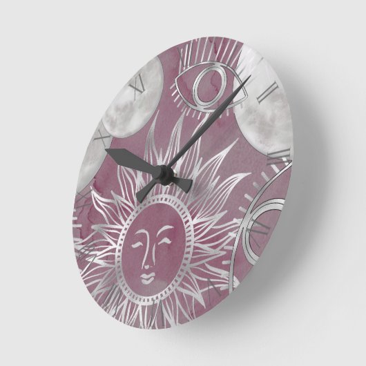 Solar Mystique | Roze zilver Moon Stars Sun Eyes Ronde Klok (Hoek)