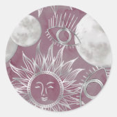 Solar Mystique | Roze zilver Moon Stars Sun Eyes Ronde Sticker (Voorkant)