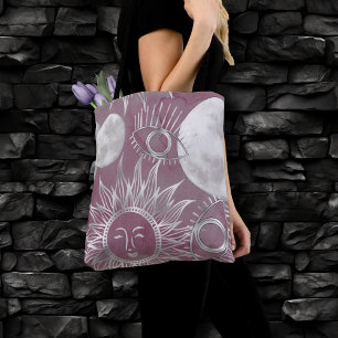 Solar Mystique   Roze zilver Moon Stars Sun Eyes Tote Bag