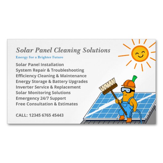 Solar Panel Cleaning Services Mascot Cartoon Magnetisch Visitekaartje (Voorkant)
