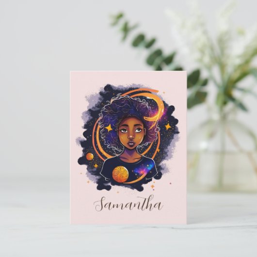 Solar System Afro Woman Briefkaart (Staand voorkant)