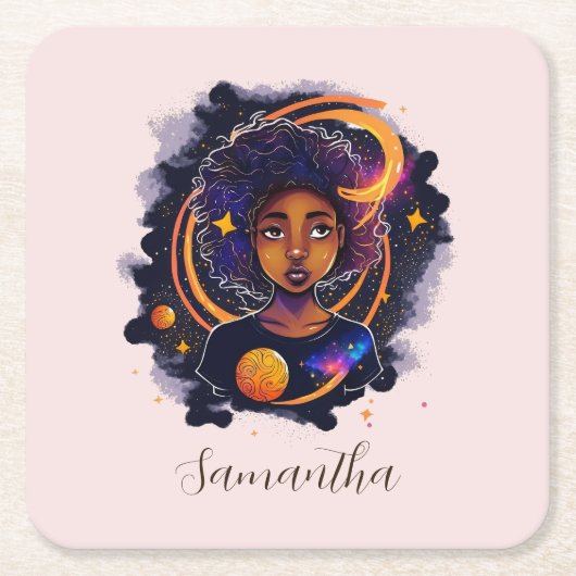 Solar System Afro Woman Kartonnen Onderzetters (Voorkant)