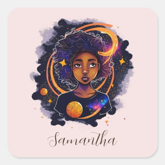 Solar System Afro Woman Vierkante Sticker (Voorkant)