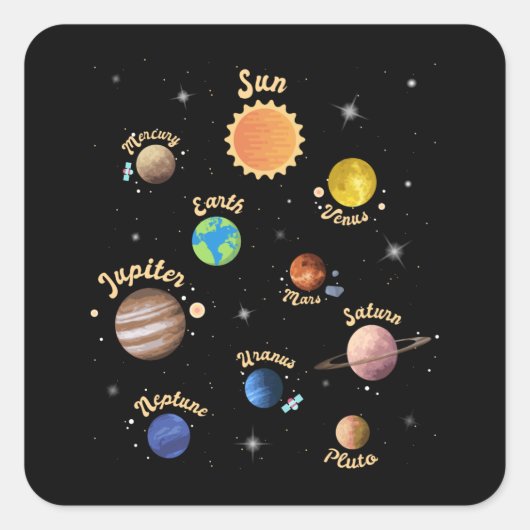 Solar System Planets Kids Knowledge Outer Space T- Vierkante Sticker (Voorkant)