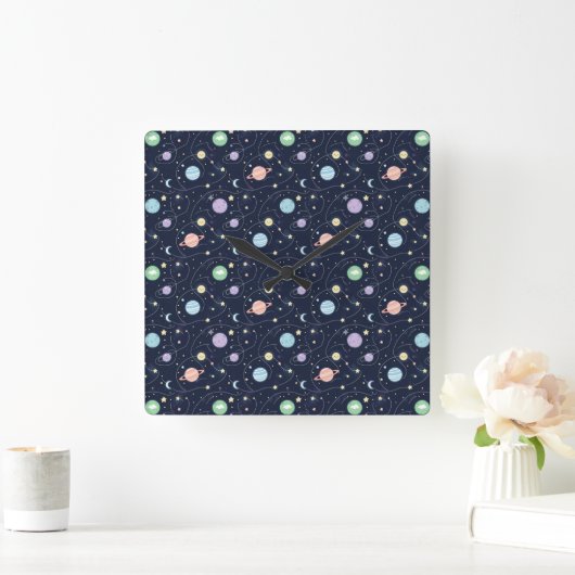 Solar System Planets Seamless Pattern Vierkante Klok (Huis)