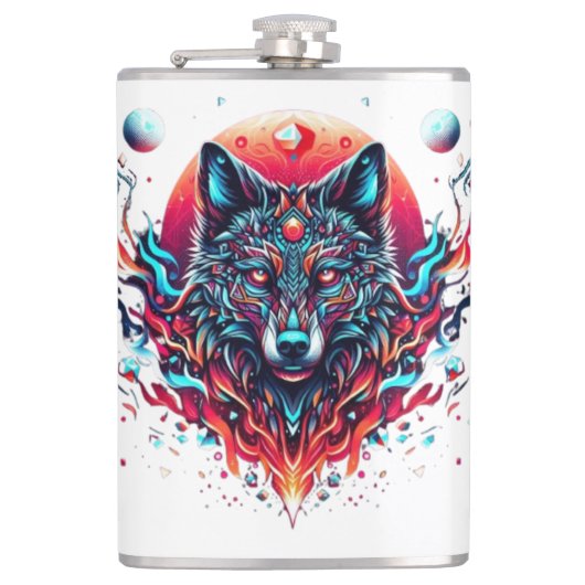 Solar Wolf Totem – Vuur en maanlicht Fusion Heupfles (Voorkant)