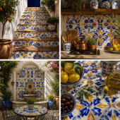 Solara Bloom Hand-Painted Sapphire and Amber Tegeltje