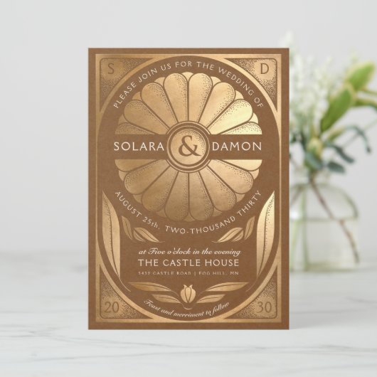 SOLARA III - Floral Faux Gold bruiloft uitnodiging (Staand voorkant)