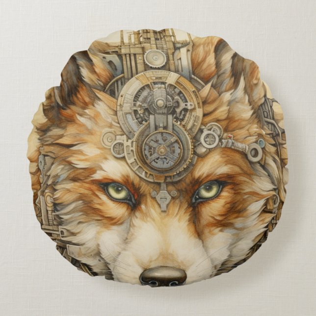 Solarpunk Red Wolf Steampunk inspiratie Rond Kussen (Voorkant)