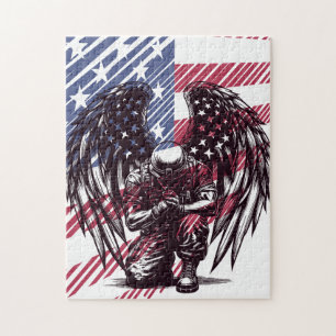 Soldaat Angel bidt Amerikaanse vlag kunst Legpuzzel