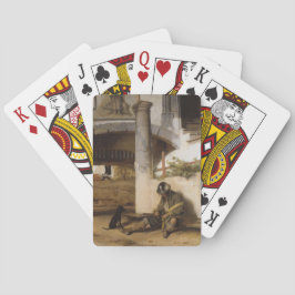 Soldaat bewaakt een poort met zijn hond pokerkaarten