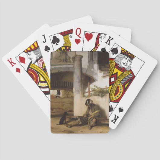 Soldaat bewaakt een poort met zijn hond pokerkaarten (Achterkant)