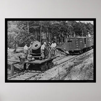 Soldaten met een kanon op een railauto 1864 poster