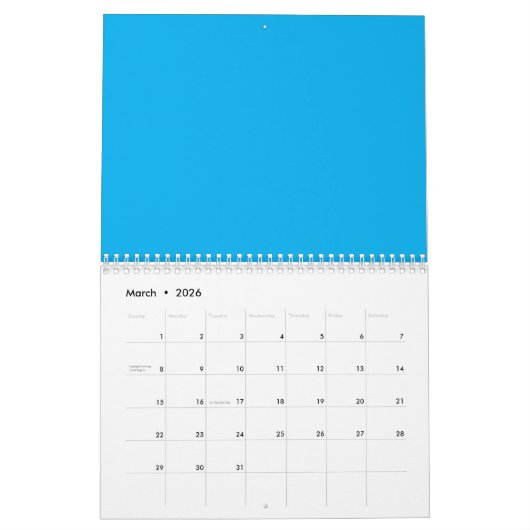 Solid Azure Blue Background – Minimalist Template Kalender (Mar 2026)