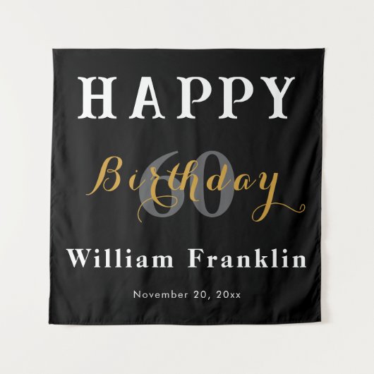 Solid Black 60ste Verjaardagsfeest Viering Wandkleed (Voorkant)