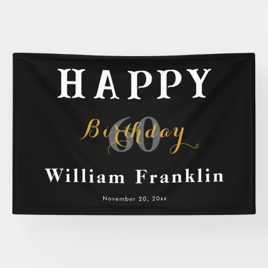 Solid Black 60th Birthday Party Celebration Banner (Horizontaal)