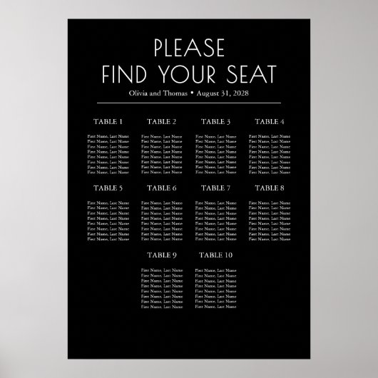 Solid Black and White Modern Wedding Seating Chart Poster (Voorkant)