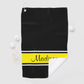 Solid Black, Bright Yellow Stripe Script-naam Golfhanddoek (Insitu)