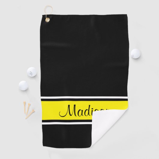 Solid Black, Bright Yellow Stripe Script-naam Golfhanddoek (Insitu)