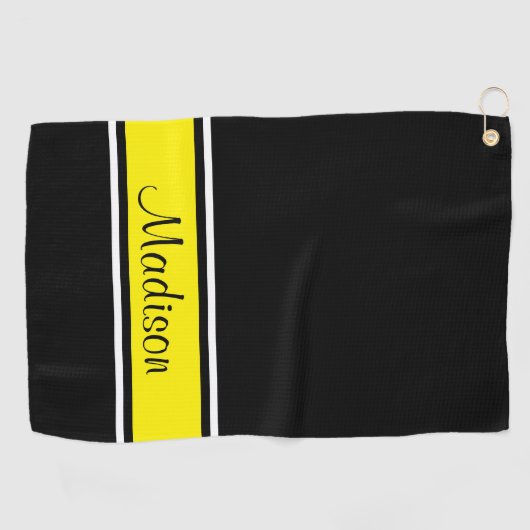 Solid Black, Bright Yellow Stripe Script-naam Golfhanddoek (Horizontaal)