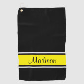 Solid Black, Bright Yellow Stripe Script-naam Golfhanddoek (Voorkant)
