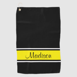 Solid Black, Bright Yellow Stripe Script-naam Golfhanddoek