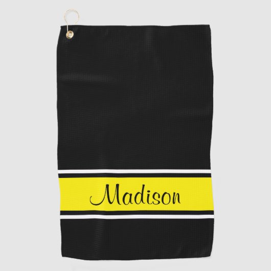 Solid Black, Bright Yellow Stripe Script-naam Golfhanddoek (Voorkant)