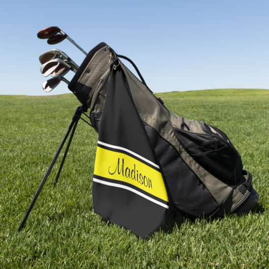 Solid Black, Bright Yellow Stripe Script-naam Golfhanddoek (Groen)