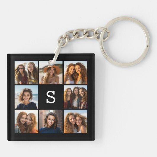 Solid Black Photo Collage - Aangepast monogram Sleutelhanger (Achterkant)