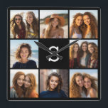 Solid Black Photo Collage - Aangepast monogram Vierkante Klok<br><div class="desc">Voeg 8 foto's en aangepaste tekst toe om een unieke aandenken voor uw muur te maken. De kunst bevat 8 afbeeldingen die een tekstvak omringen waar je een monogram of andere tekst kunt toevoegen.</div>