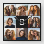 Solid Black Photo Collage - Aangepast monogram Vierkante Klok (Voorkant)