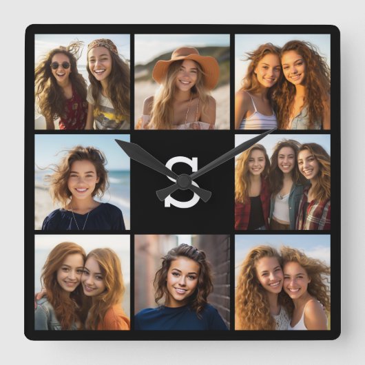 Solid Black Photo Collage - Aangepast monogram Vierkante Klok (Voorkant)