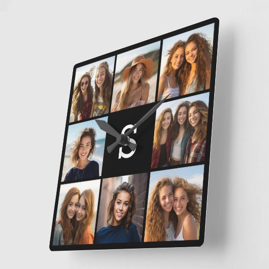 Solid Black Photo Collage - Aangepast monogram Vierkante Klok (Hoek)