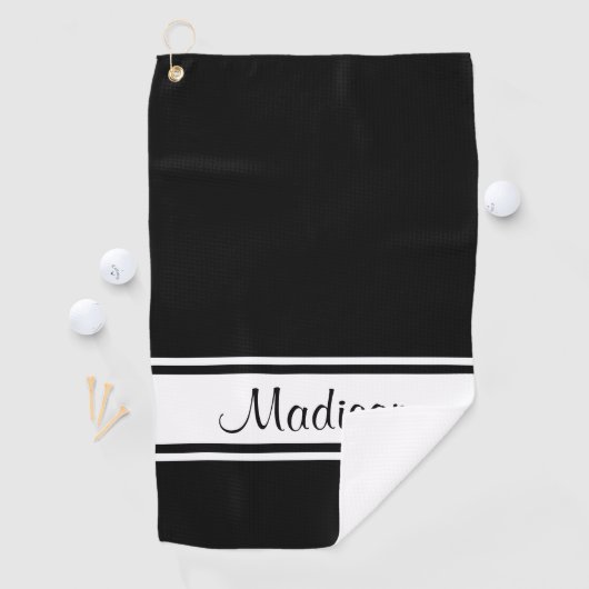 Solid Black White Stripe Script Name Golfhanddoek (Insitu)