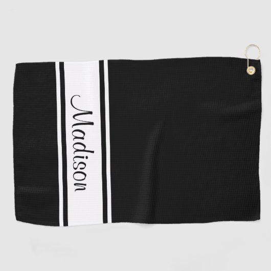 Solid Black White Stripe Script Name Golfhanddoek (Horizontaal)