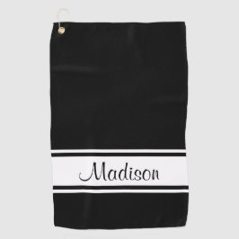 Solid Black White Stripe Script Name Golfhanddoek