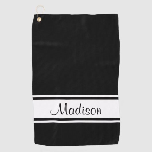 Solid Black White Stripe Script Name Golfhanddoek (Voorkant)