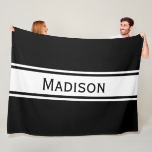 Solid Black White Stripes Modern Name Fleece Deken