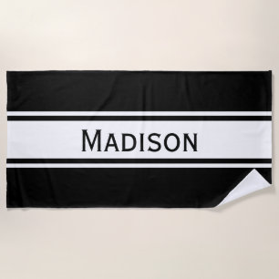 Solid Black White Stripes Modern Name Strandlaken