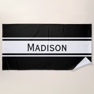 Solid Black White Stripes Modern Name Strandlaken