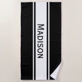 Solid Black White Stripes Modern Name Strandlaken (Voorkant)