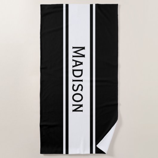 Solid Black White Stripes Modern Name Strandlaken (Voorkant)