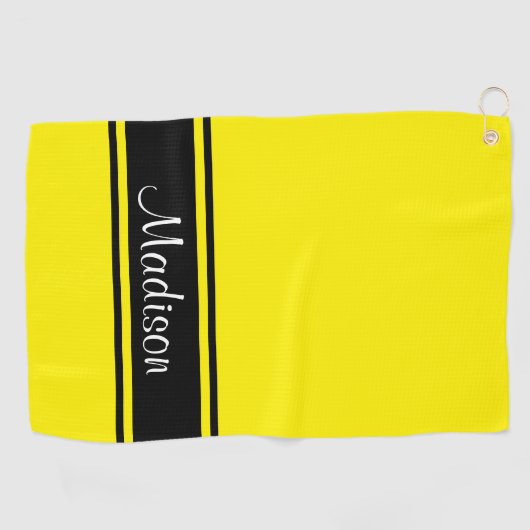 Solid Bright Yellow Black Stripes Script-naam Golfhanddoek (Horizontaal)