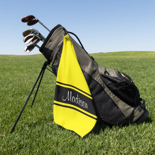 Solid Bright Yellow Black Stripes Script-naam Golfhanddoek (Groen)