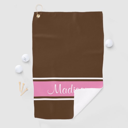 Solid Brown Pink White Stripe Script Name Golfhanddoek (Insitu)