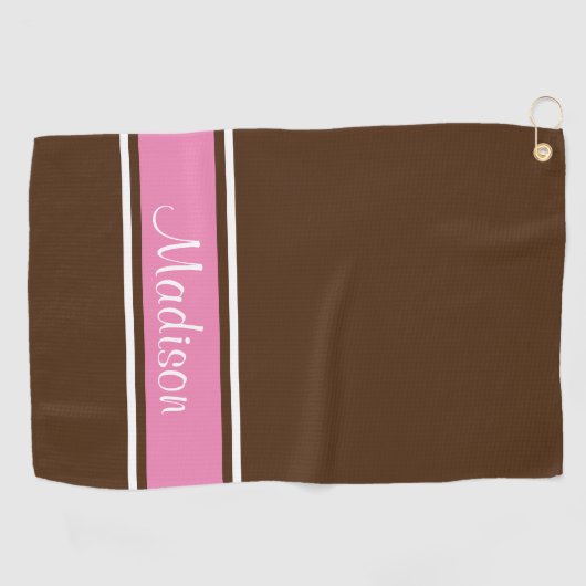 Solid Brown Pink White Stripe Script Name Golfhanddoek (Horizontaal)