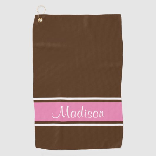 Solid Brown Pink White Stripe Script Name Golfhanddoek (Voorkant)