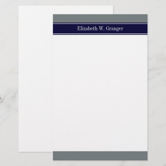 Solid Charcoal Gray Navy Blue Ribbon Name Monogram Briefpapier (Voorkant / Achterkant)