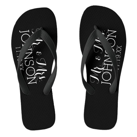 Solid Color Black Mr & Mrs Wedding Memento Teenslippers (Voetbed)